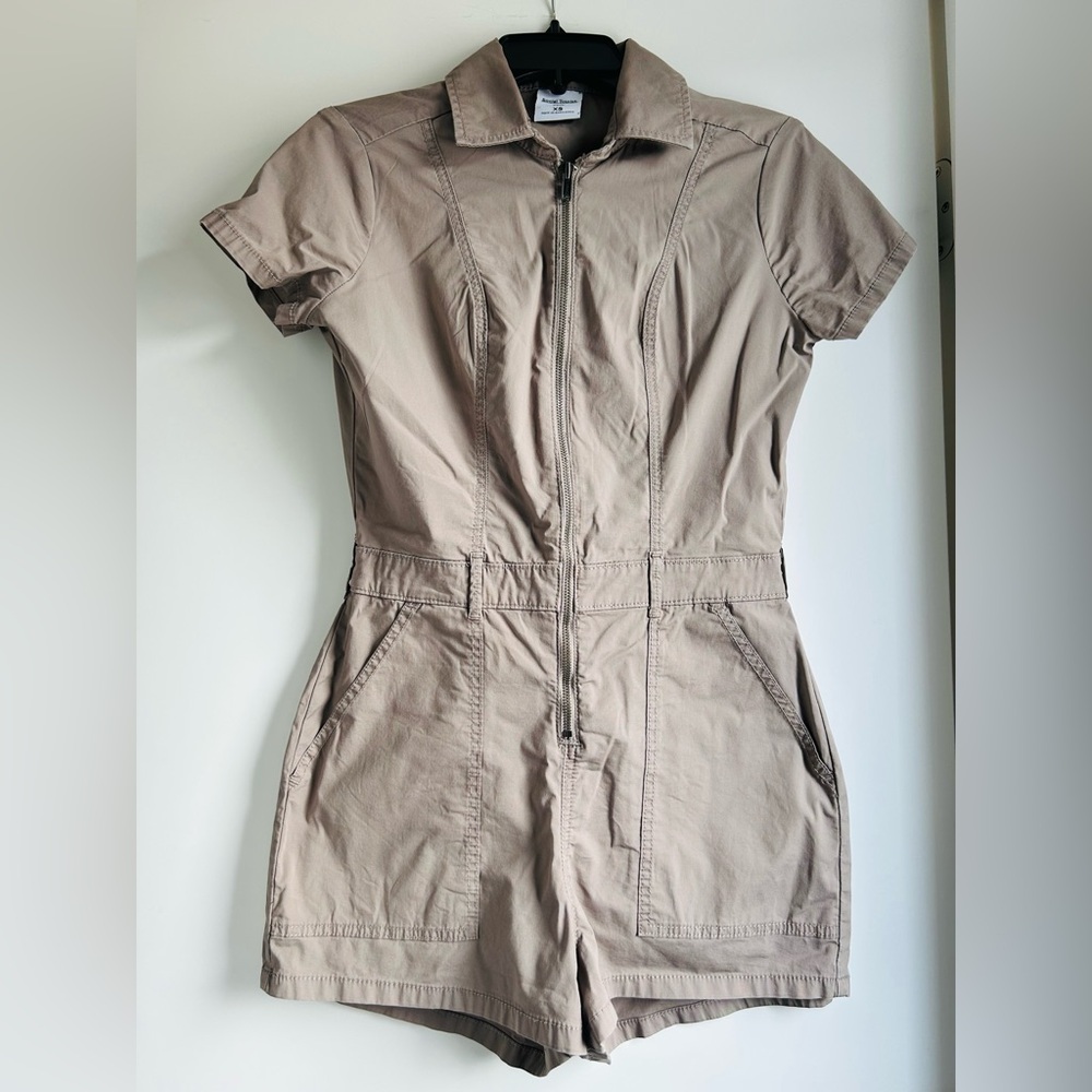 Tan Utility Jumpsuit with Short Sleeves and Fitted Waist